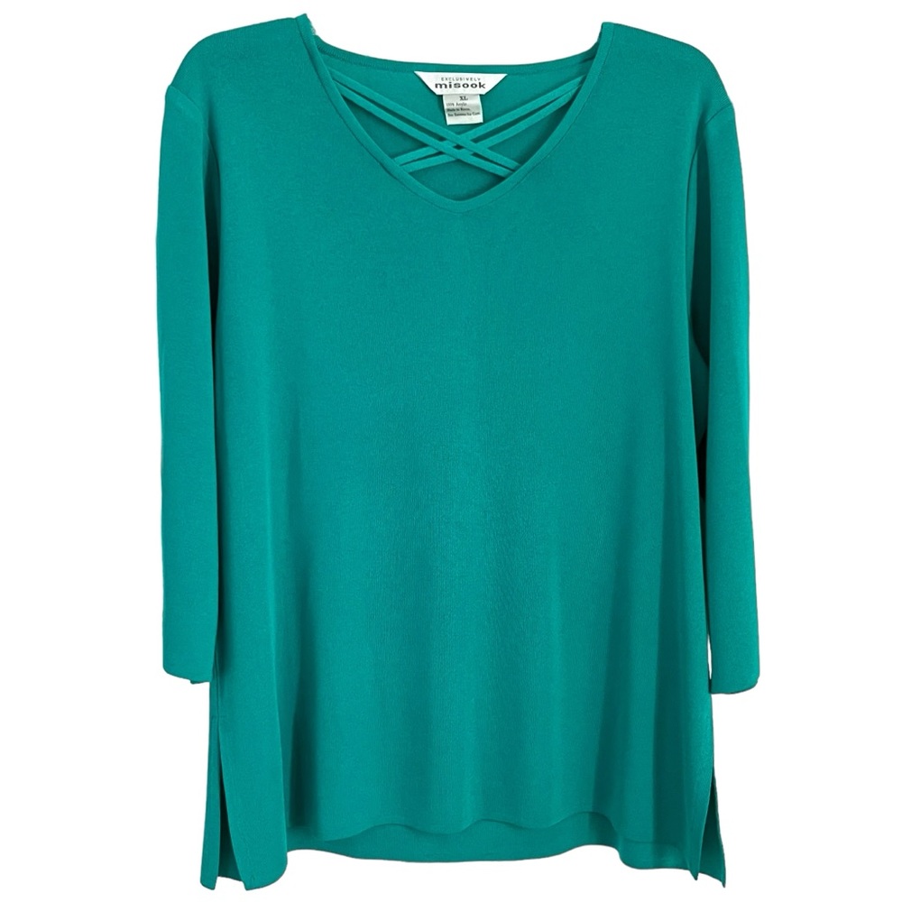 MISOOK Exclusively Knit Tunic Top Green 3/4 Sleeves V-neck Size XL